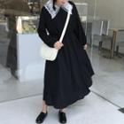 Long-sleeve Lace Collar Midi A-line Dress Black - One Size