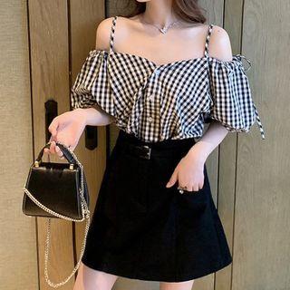 Puff-sleeve Cold-shoulder Gingham Blouse / Mini Skirt / Set