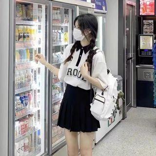Elbow-sleeve Lettering Polo Top / Pleated Mini Skirt
