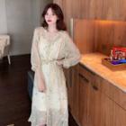 Set: Puff-sleeve Floral Embroidered Midi A-line Dress + Slipdress White - One Size