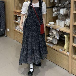 Short-sleeve Lace Top / Patterned Overall Midi A-line Dress