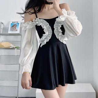 Bell-sleeve Cold-shoulder Two-tone Swim Dress