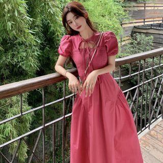 Puff-sleeve Tie-neckline Midi Dress