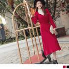 Long Sleeve V-neck Tie-waist A-line Dress
