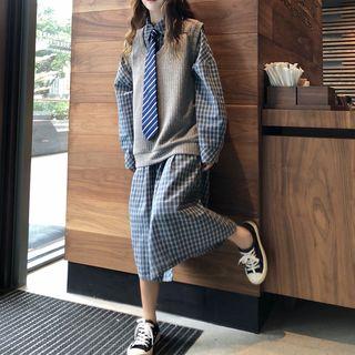 Knit Vest / Long-sleeve Plaid Midi Shirtdress With Tie