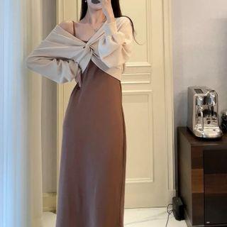 Set: Spaghetti Strap Midi A-line Dress + Knotted Knit Top