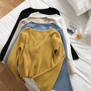 Plain V-neck Single-breasted Knit Cardigan