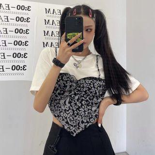 Short-sleeve Mock Two-piece Cropped T-shirt White - One Size