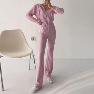 Set: Zip-up Cropped Hoodie + Boot-cut Pants