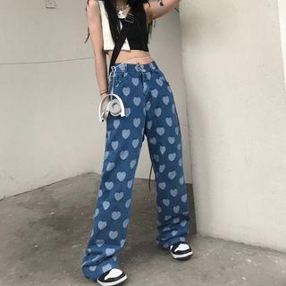 High-waist Heart Patterned Straight Leg Jeans