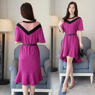 Mesh Panel Ruffle Hem Short-sleeve Dress