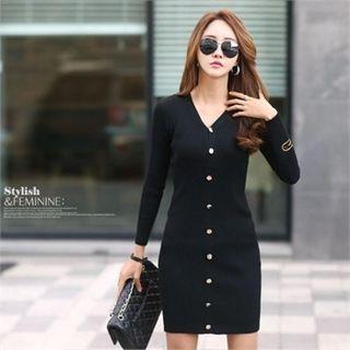 Button-trim Rib-knit Bodycon Dress Black - One Size