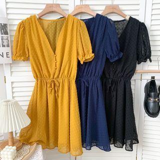 Tie-waist Deep V-neck Chiffon Mini Dress In 7 Colors