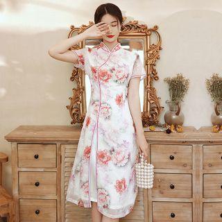 Short-sleeve Floral Midi A-line Qipao