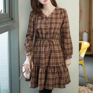 Tie-waist Frill-hem Plaid Dress