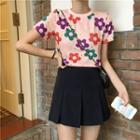 Short-sleeve Flower Print Cropped T-shirt / A-line Mini Skirt