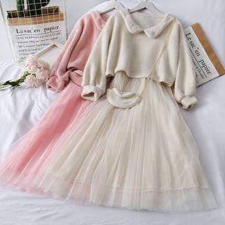 Set: Peter Pan-collar Crop Top + Sleeveless Mesh Dress