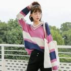 Striped V-neck Knit Top As Shown In Figure - One Size