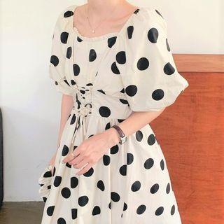 Dotted Puff-sleeve Midi Shift Dress