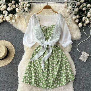 Set: Spaghetti-strap Floral Mini A-line Dress + Chiffon Jacket