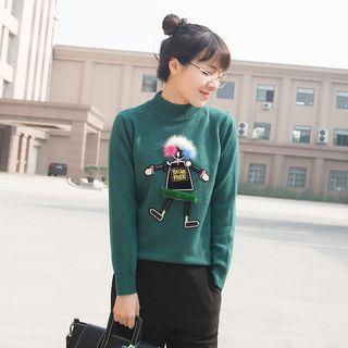 Furry Trim Cartoon Applique Sweater