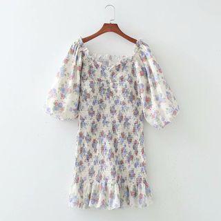 Puff-sleeve Printed Ruched Dress