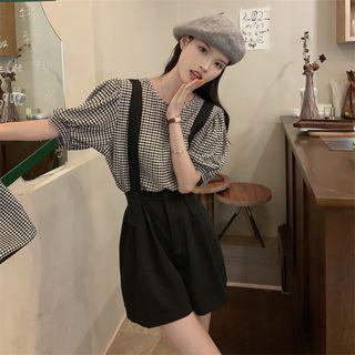 Puff-sleeve Plaid Top / Suspender Shorts