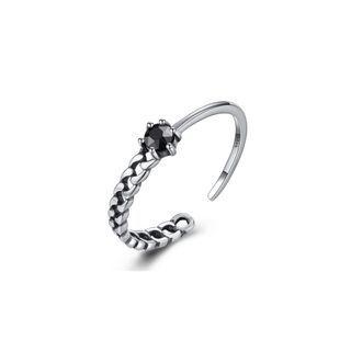925 Sterling Silver Simple Fashion Geometric Black Cubic Zirconia Asymmetric Adjustable Open Ring Silver - One Size