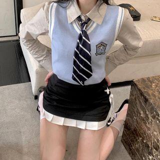 Plain Shirt / Striped Tie / Mini Skirt / Logo Sweater Vest