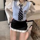 Plain Shirt / Striped Tie / Mini Skirt / Logo Sweater Vest