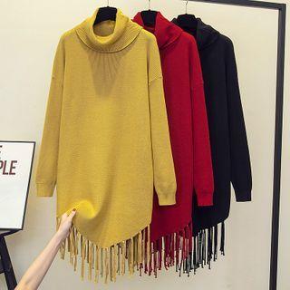 Turtleneck Fringed Mini Sweater Dress