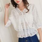 Elbow-sleeve Perforated Lace Top White - One Size