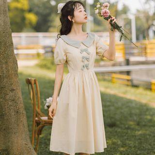 Ribbon Collared Puff-sleeve Midi A-line Dress