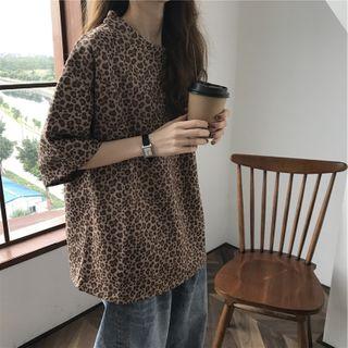 Elbow-sleeve Leopard Pattern T-shirt