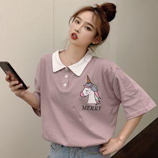 Elbow-sleeve Unicorn Printed Polo Shirt