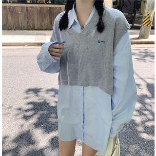 Plain Shirt / V-neck Lettering Crop Knit Vest