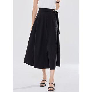 Strap-detail Pleated Long Flare Skirt