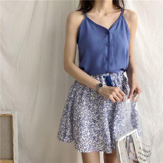 Set: Spaghetti Strap Buttoned Top + Floral Print A-line Skirt