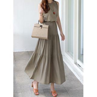 Halted Shirred Maxi Tiered Dress