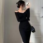 Cold Shoulder Long-sleeve Sheath Knit Dress Black - One Size