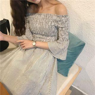 Pinstriped Off Shoulder 3/4 Sleeve Dress