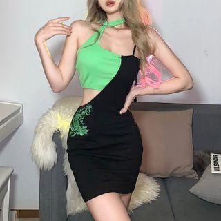 Halter Two-tone Cutout Mini Bodycon Dress