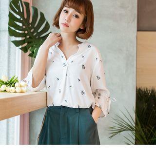 Stand Collar V-neck Embroidered Top