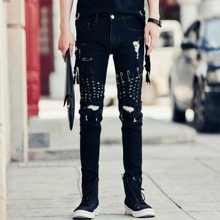 Distressed Safety Pin Slim Fit Jeans