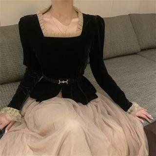 Lace Trim Long-sleeve Top / Sheer Panel A-line Skirt