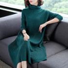 Long-sleeve Turtleneck Knit A-line Midi Dress