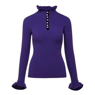 Turtleneck Ruffle Sleeve Knitted Top Purple - One Size