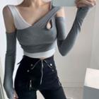 Mock Two-piece Long-sleeve Cold Shoulder Crop Top / Mini Skirt