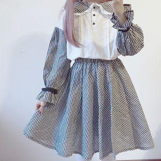 Set: Plaid Panel Blouse + Plaid A-line Skirt