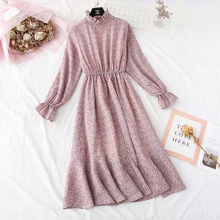 Mock Neck Frilled Floral Chiffon Midi Dress